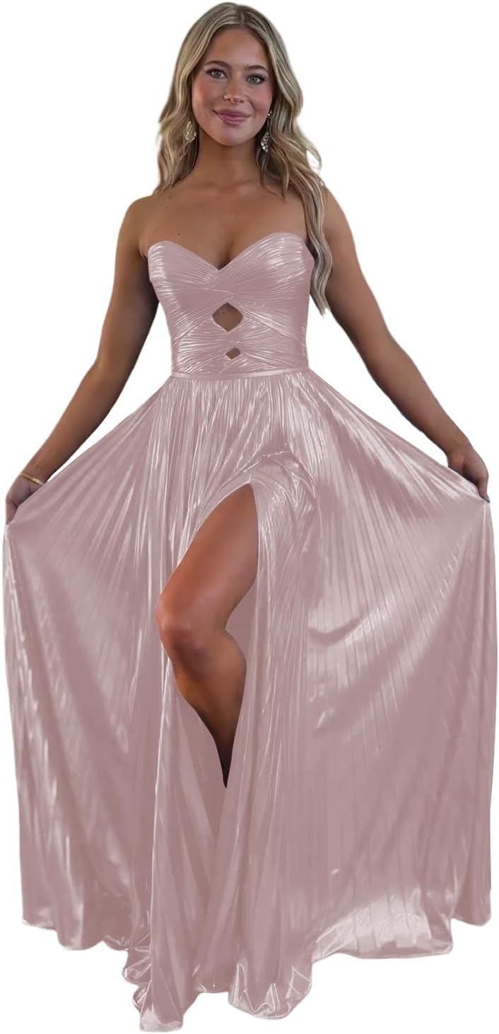 Loyeloy Sparkly Metallic Prom Dresses with Slit A Line Keyhole Satin Long Prom Ball Gowns for Women