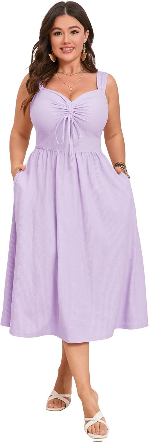 ShopWonder Plus Size Summer Dress for Women Sleeveless Spaghetti Strap V Neck Tie Front A Line Casual Beach Midi Dress