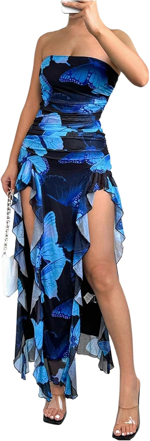 WDIRARA Women's Butterfly Print Asymmetrical Bodycon Maxi Dress Split Ruffle Trim Strapless Tube Dresses