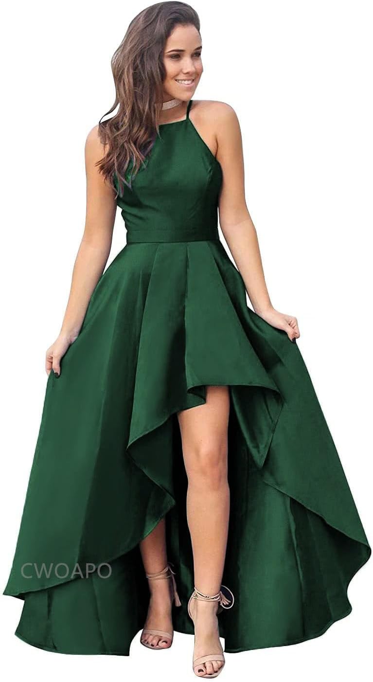 CWOAPO Halter High Low Bridesmaid Dress Evening Dress Satin Homecoming Dresses A Line Cocktail Gowns with Pockets