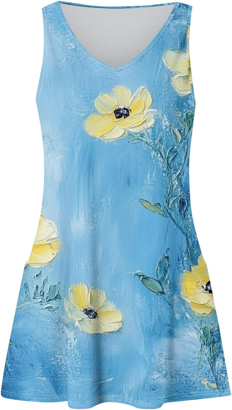 Women's Sleeveless Floral Print Summer Dress Casual V-Neck A-Line Mini Dress for Beach Party and Daily Wear