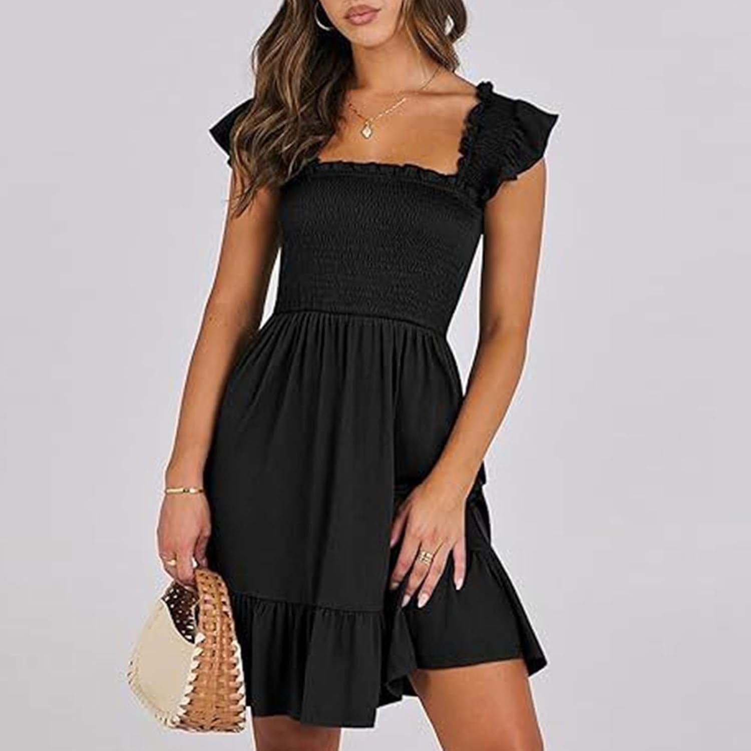 Women Summer Casual Sleeveless Square Neck Smocked Ruffle Backless Boho Mini Dress Flowy Beach Cute Swing Dress