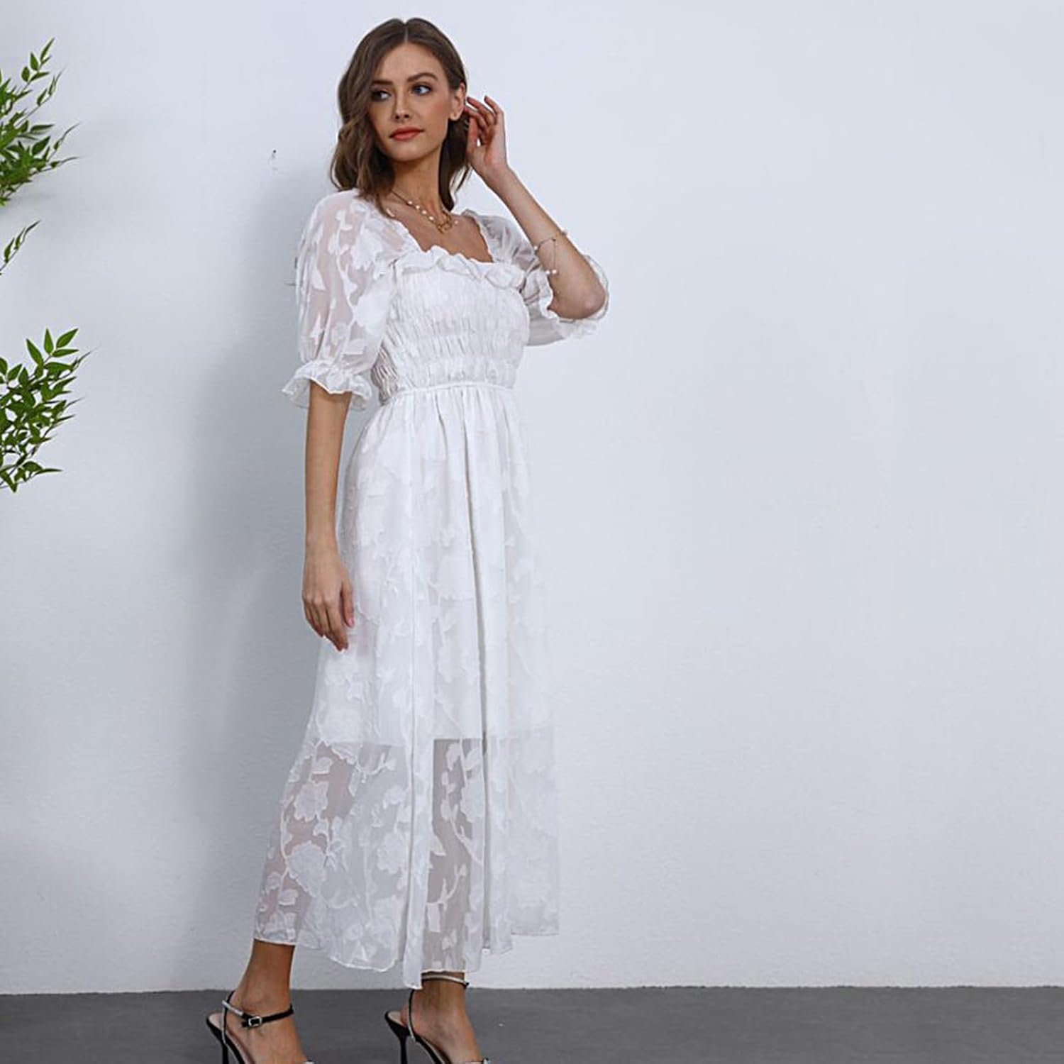 Women Floral Easter Spring Summer Dress Square Neck Chiffon Boho 2025 Maxi Long Wedding Guest Bridal Shower Dresses