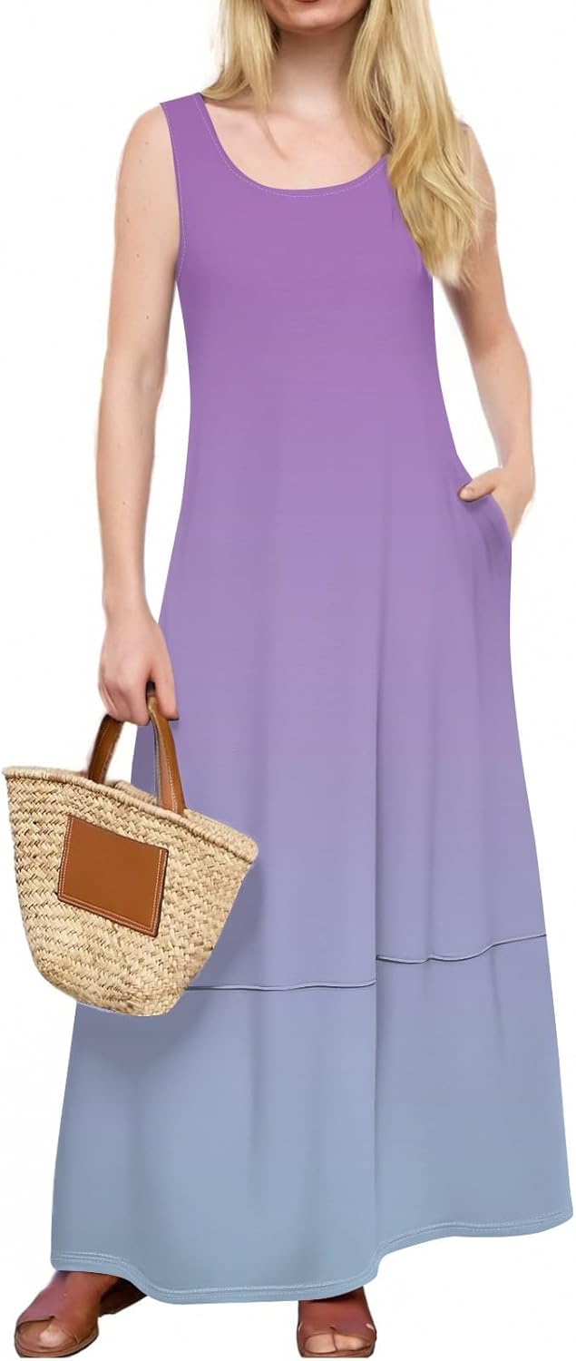 Womens Summer Tank Dress Vacation Boho Floral Long Dresses with Pockets Resort Wear Swing Beach Sleeveless Sundress