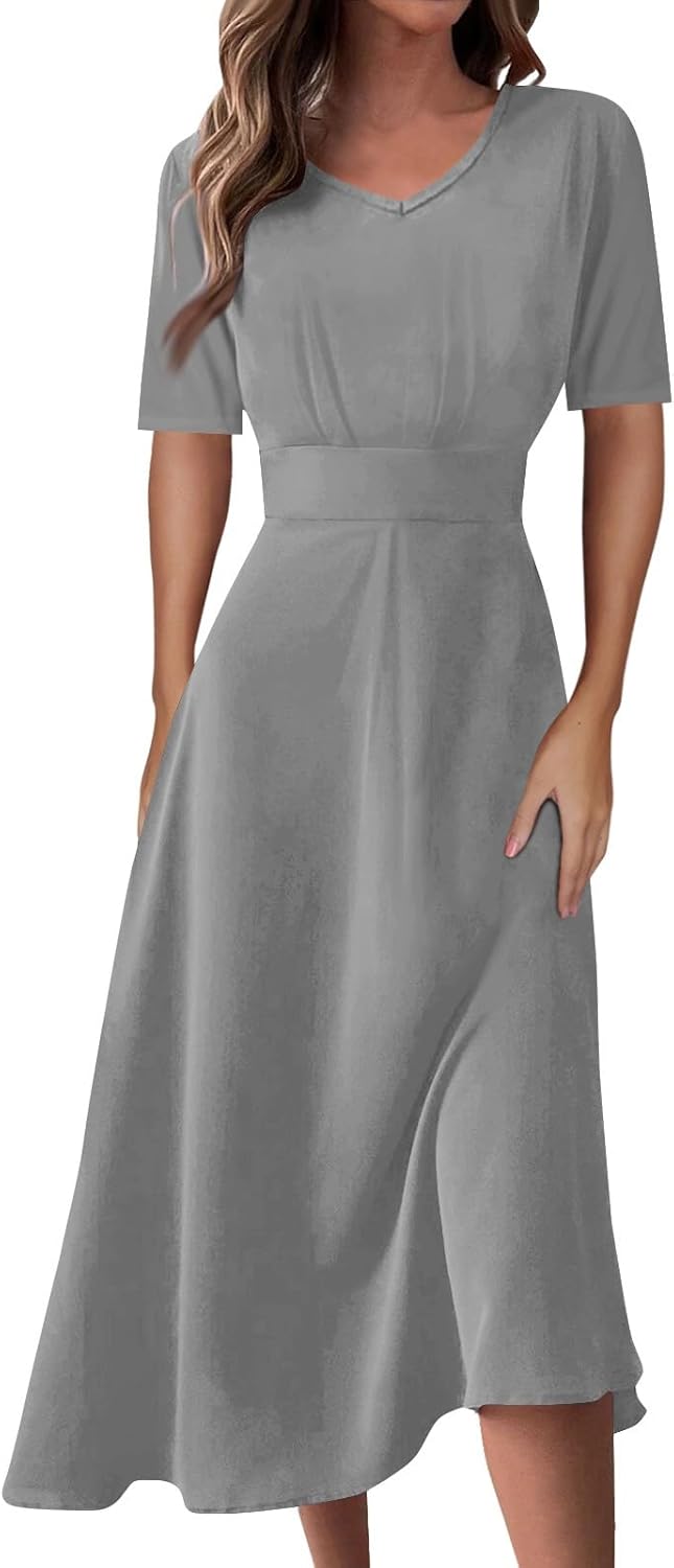Women's Summer Elegant Cocktail Dress Solid Color Swing V-Neck Party Gown Dresses, S-2XL