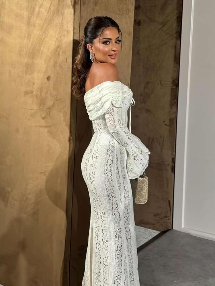 Autumn Elegant Off Shoulder Lace Maxi Dress White Women Long Sleeve Evening Party Dresses for Date Nights
