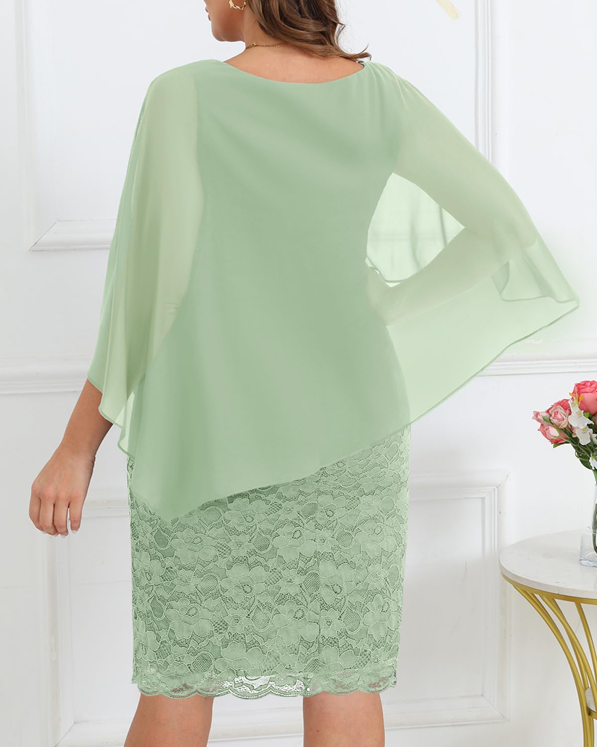 Plus Size Dresses Wedding Guest - Mother Bride Semi Formal Lace Cape with Chiffon Overlay Dresses