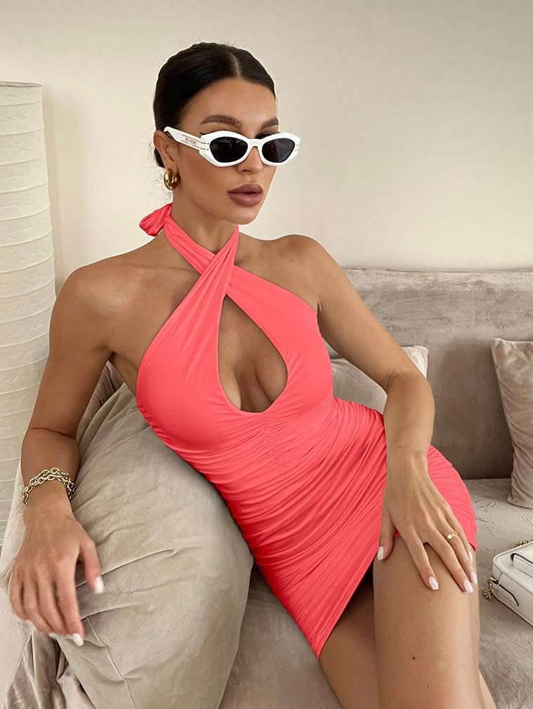BEAGIMEG Women's Sexy Bodycon Sleeveless Criss Cross Ruched Halter Mini Dress Party Club Dress
