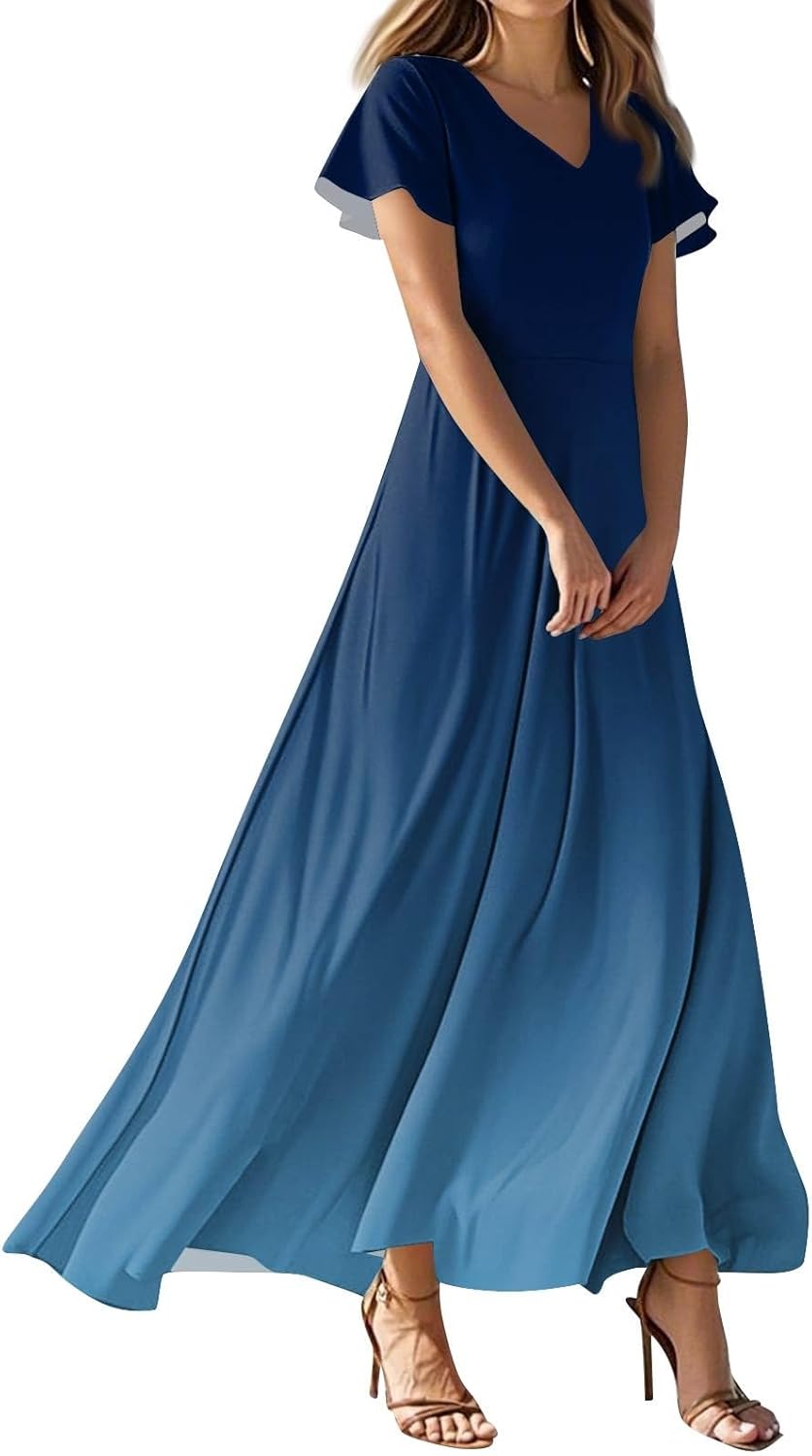 Womens Fashion V Neck Ruffle Short Sleeve Maxi Dress 2025 Summer Elegant Solid Color Flowy A Line Dresses