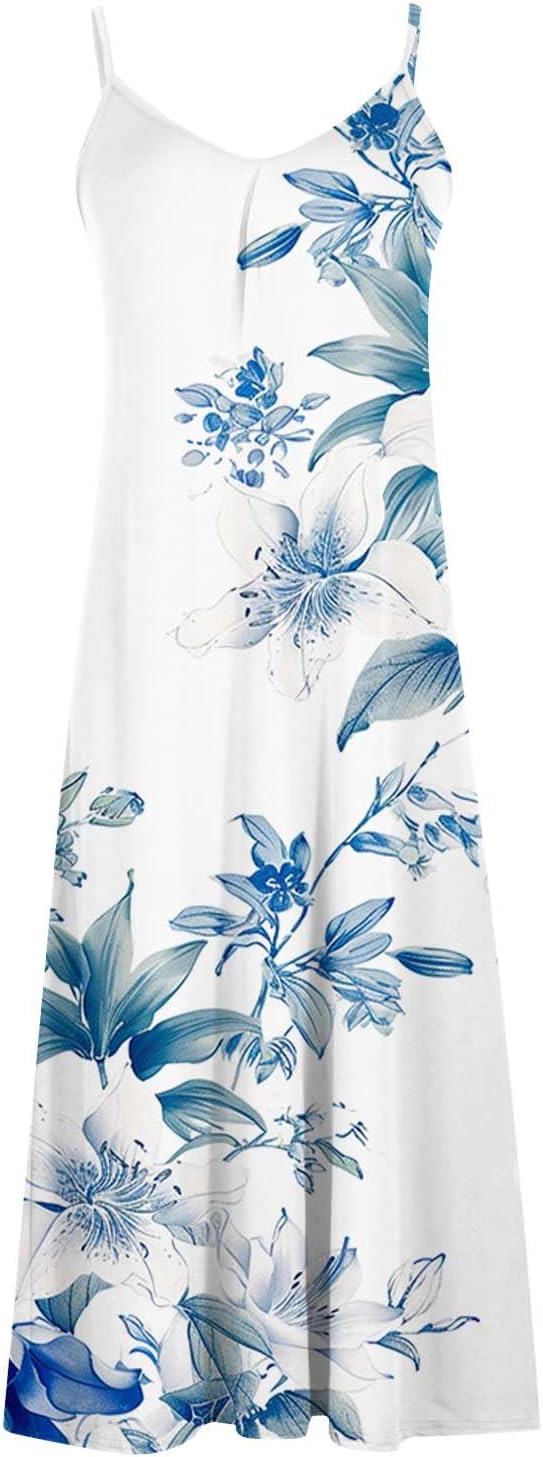 Womens Floral Maxi Dresses Spaghetti Strap Casual Summer Long Dress Vneck Flowy Boho Beach Sundress Vacation Outfits