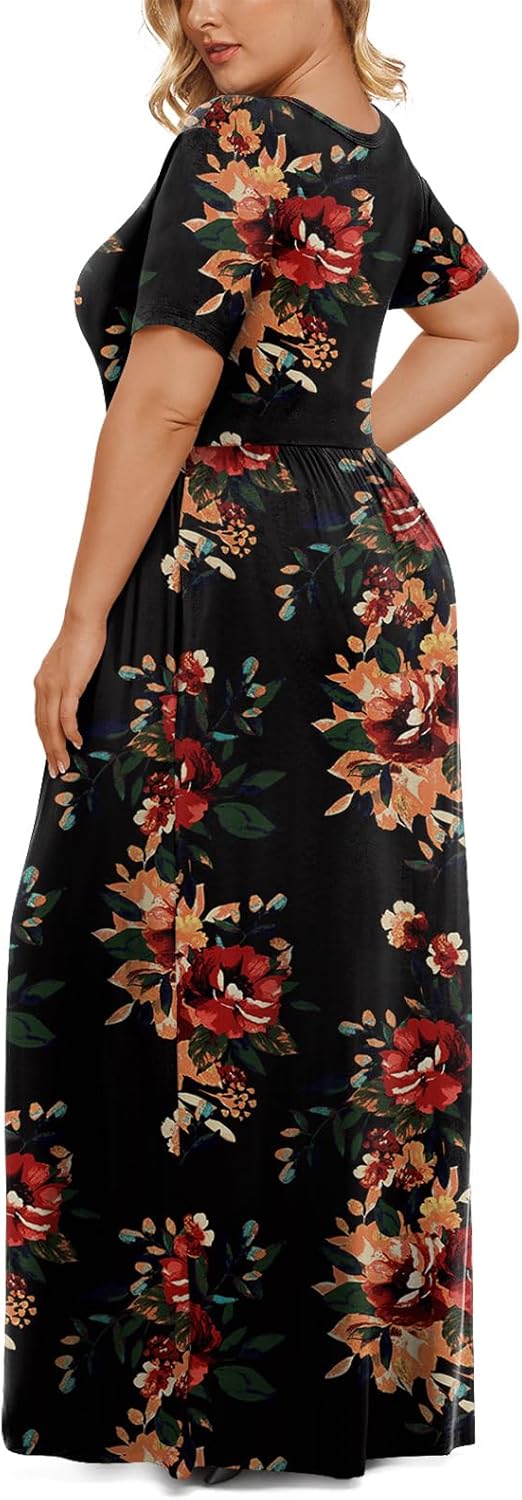LONGYUAN Women's Plus Size Maxi Dresses for Curvy Women Summer Short Sleeve Casual 2025 Long Dress XL-6XL