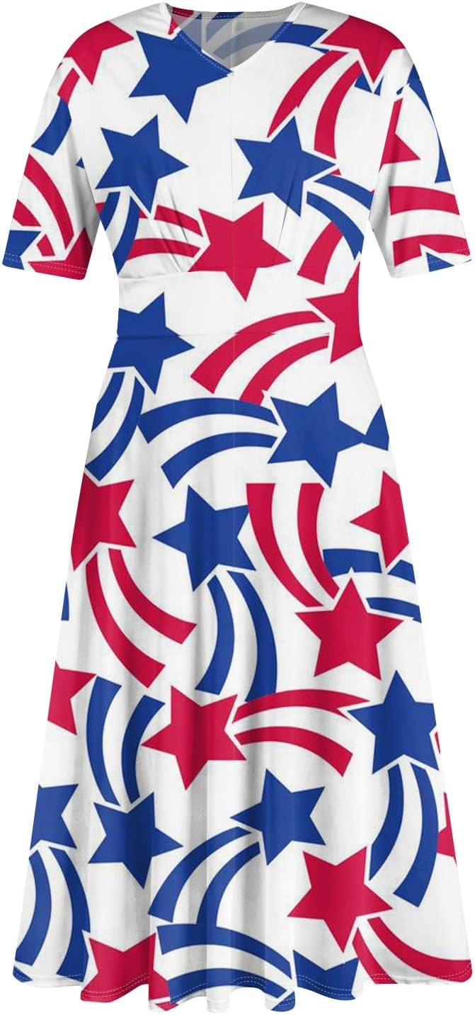 Women's Patriotic Star Print Midi Short Sleeve V-Neck Casual A-Line Dress for Summer Parties & Events