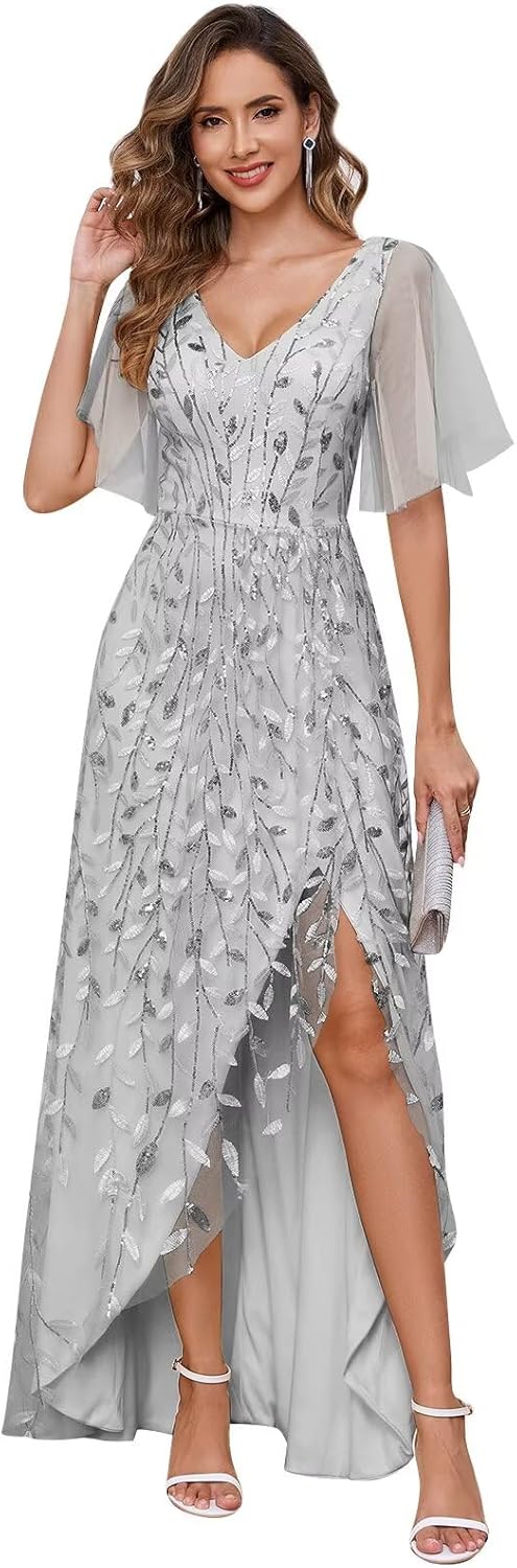 Women's Short Sleeve Mother of The Bride Dresses for Wedding Sparkly Sequin Long Formal Evening Dresses