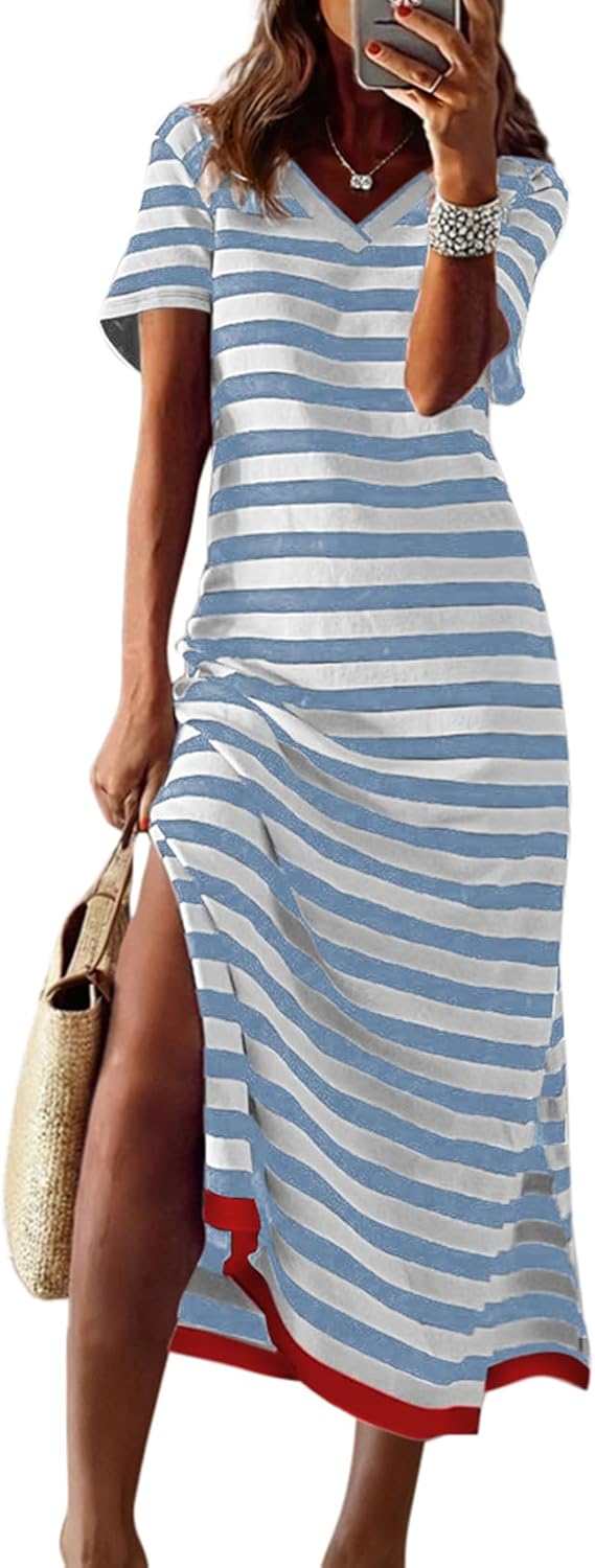 Dokotoo Summer Dress Casual Womens Fashion Short Sleeve Maxi Dress T Shirt Dress Striped Long Color Block Maxi Dress