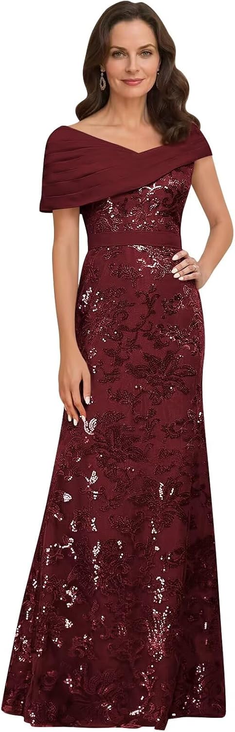 Lace Sequin Mother of The Bride Dresses for Women Long Mermaid Off The Shoulder Formal Evening Dress with Sleeves