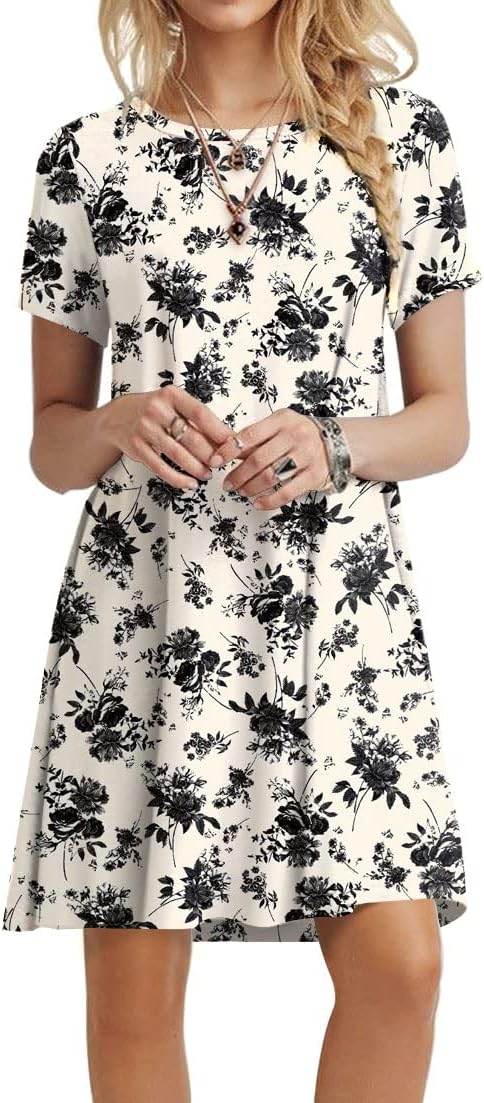 POPYOUNG 2025 Women's Summer Casual T-Shirt Dresses Crew Neck Beach Cover Up Sun Dress
