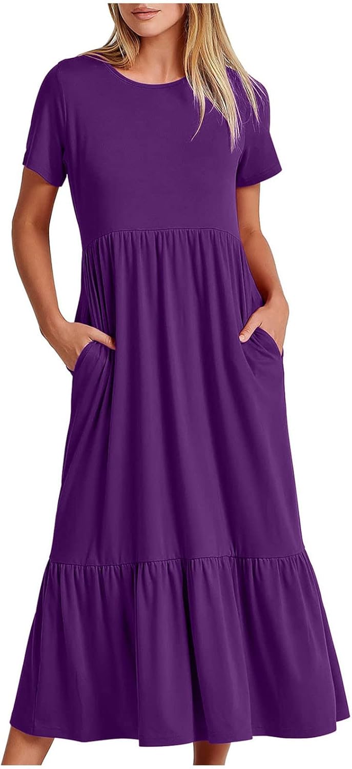 XUNRYAN Summer Dresses for Women 2024 Casual Calf Length Maxi Dress Pleated Flowy Tiered Swing Beach Sundress with Pockets