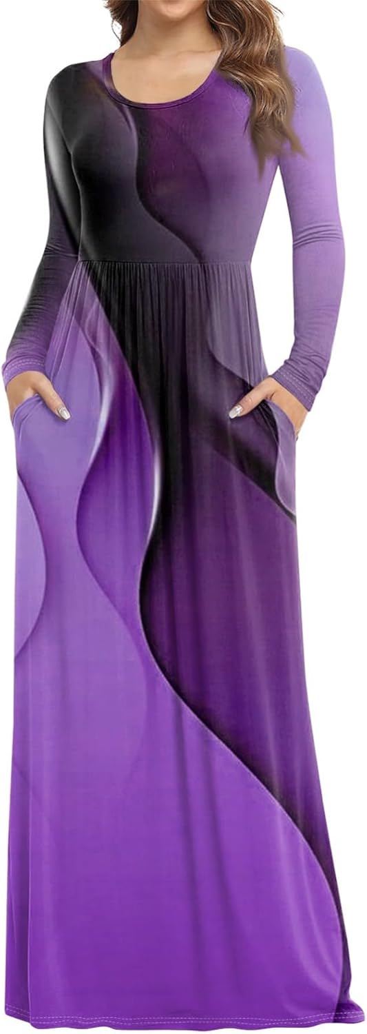 Long Sleeve Maxi Dress for Women Elegant Crew Neck Flowy Swing Dresses Solid Color Wedding Guest Dresses