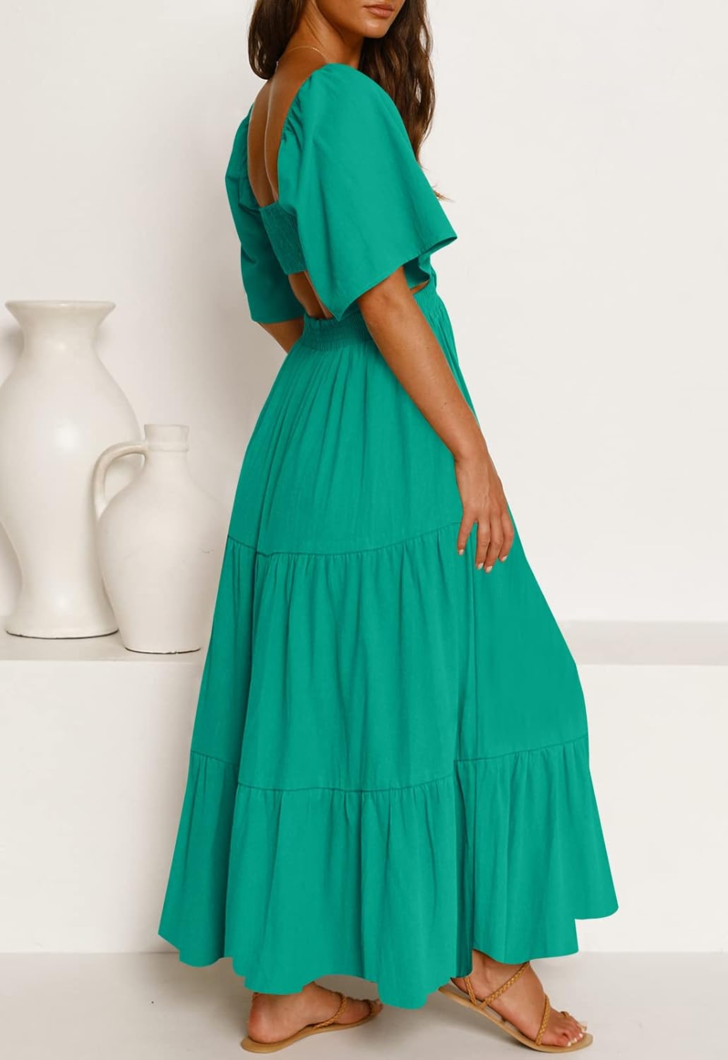 LEANI Women's 2025 Summer Cutout Maxi Dress Square Neck Short Sleeve Crossover Waist Casual Party Dresses