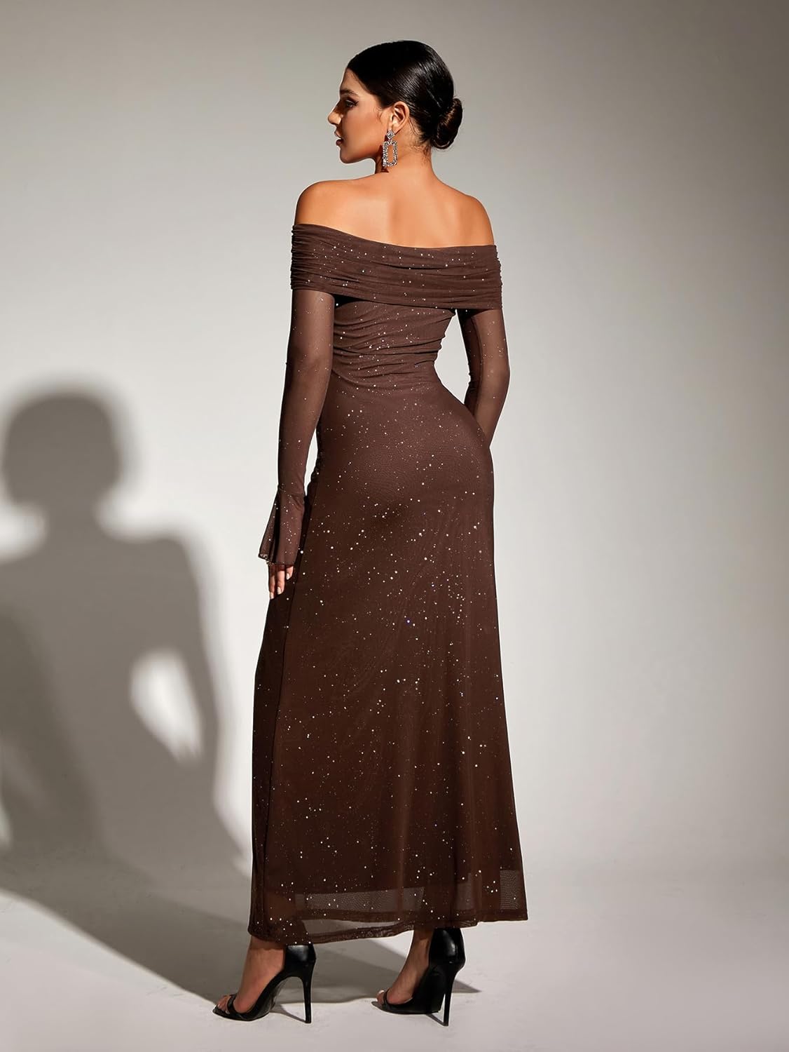KUTUMAI Women Off Shoulder Bodycon Maxi Dress Long Sleeve Mesh Ruched Party Formal Wedding Guest Dresses