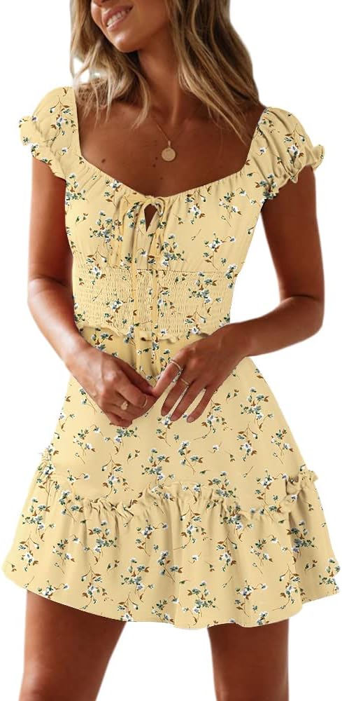 YOBECHO Women's Summer Ruffle Sleeve Sweetheart Neckline Printing Dress Mini Dress