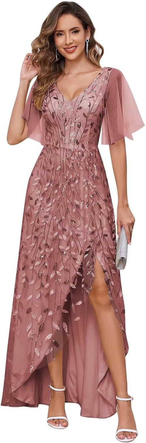 Women's Short Sleeve Mother of The Bride Dresses for Wedding Sparkly Sequin Long Formal Evening Dresses