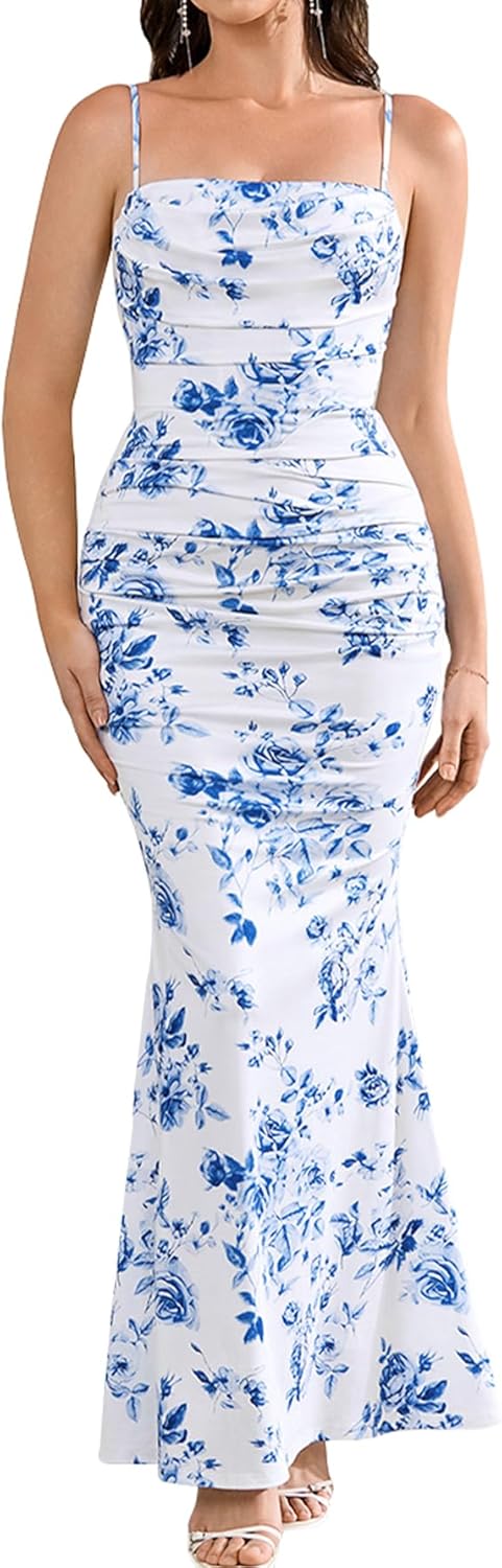 EYNMIN Women's Sleeveless Bodycon Corset Maxi Dress Spaghetti Strap Ruched Elegant Evening Wedding Guest Long Formal Dresses