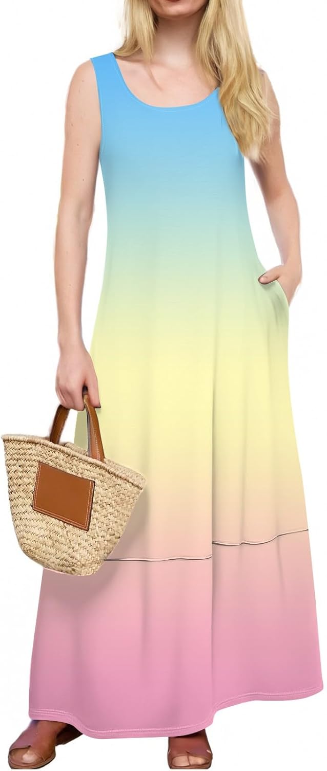 Womens Summer Tank Dress Vacation Boho Floral Long Dresses with Pockets Resort Wear Swing Beach Sleeveless Sundress
