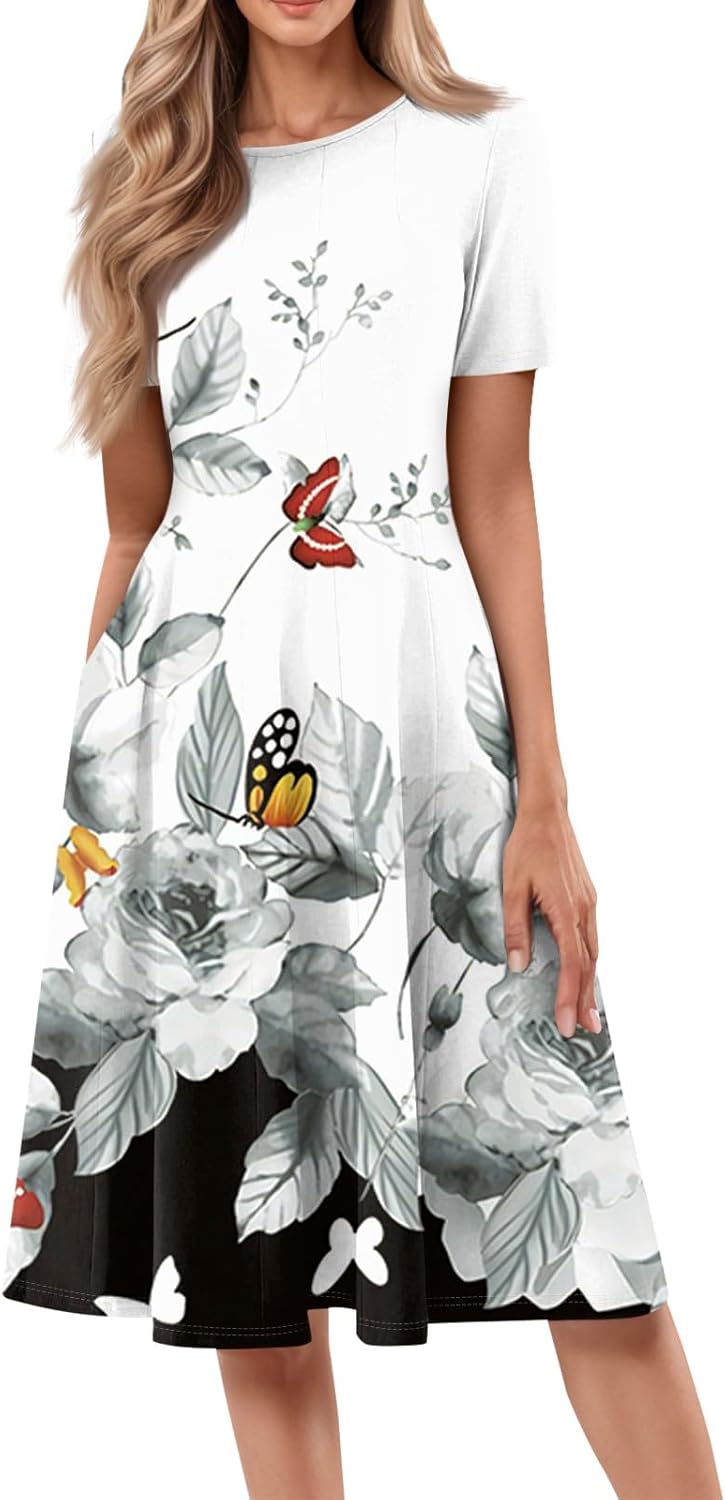 Summer Dresses for Women 2025 Crew Neck Short Sleeve Boho Beach Vacation Floral/Solid Midi Sundresses with Pockets