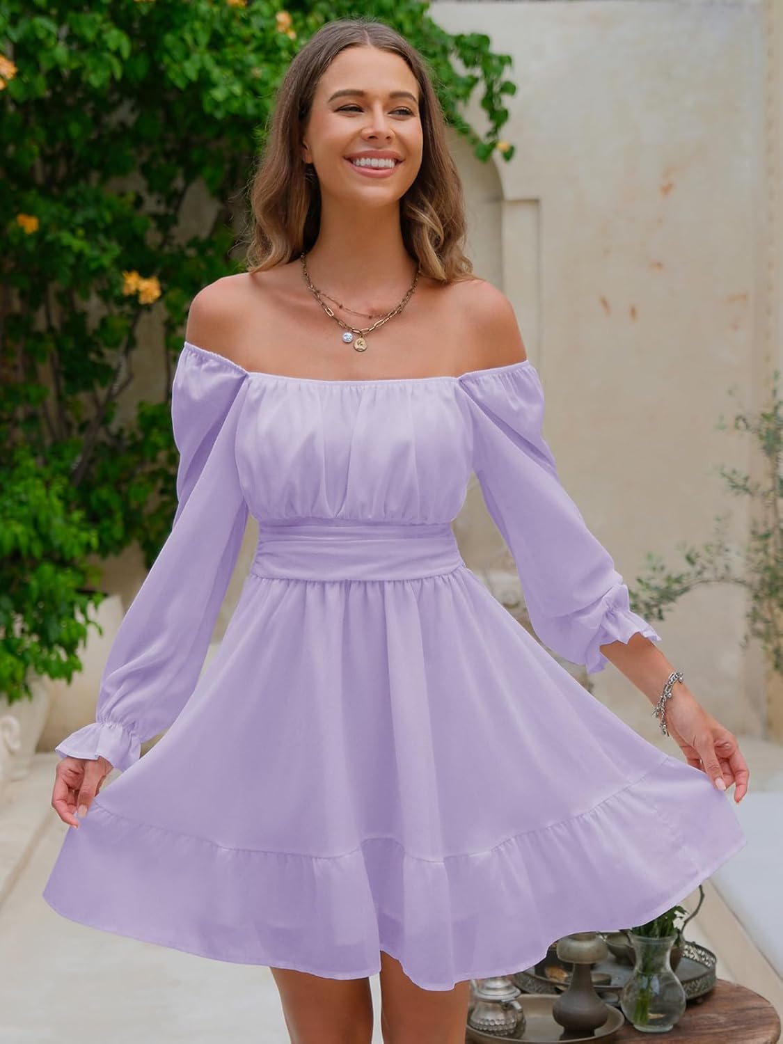 EXLURA Women's 2025 Casual Long Lantern Sleeve Dresses Square Neck Ruffle Tie Back Elastic Waist Aline Short Mini Dress