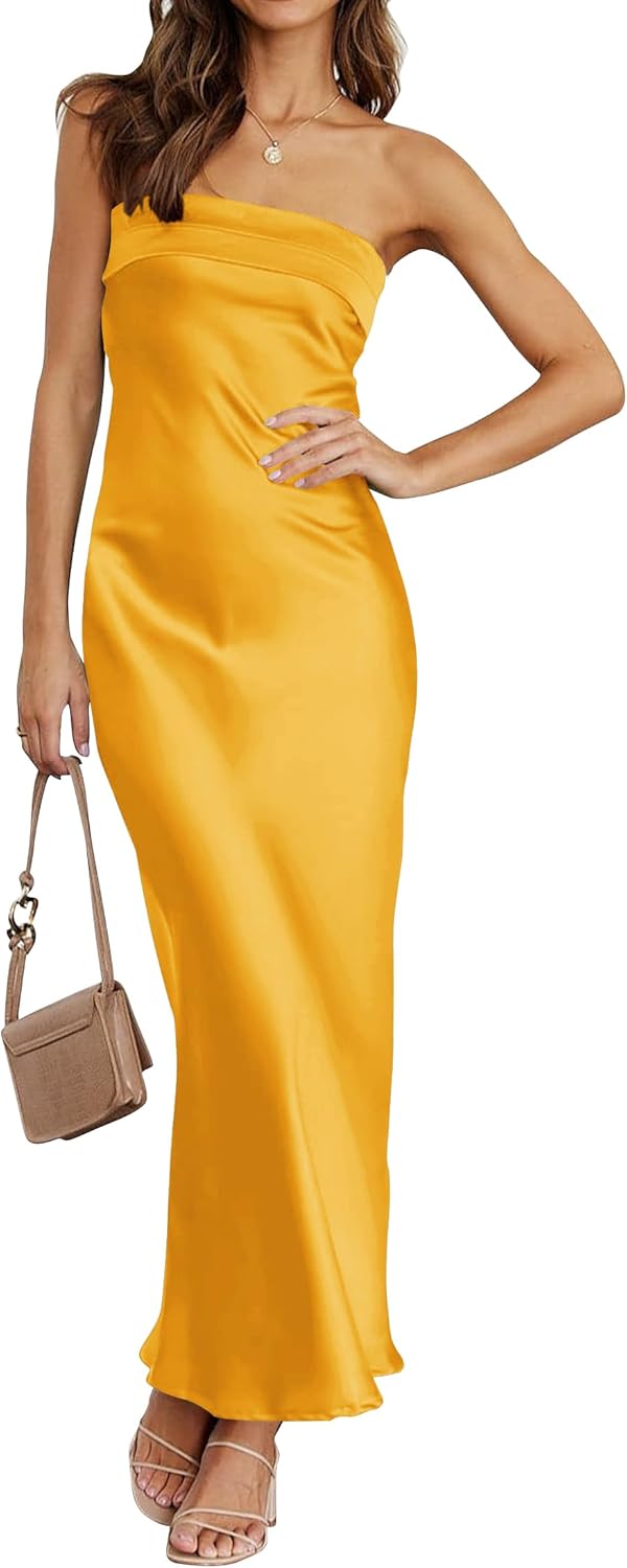 MEROKEETY Women 2025 Summer Strapless Satin Tube Bodycon Backless Wedding Guest Maxi Dress