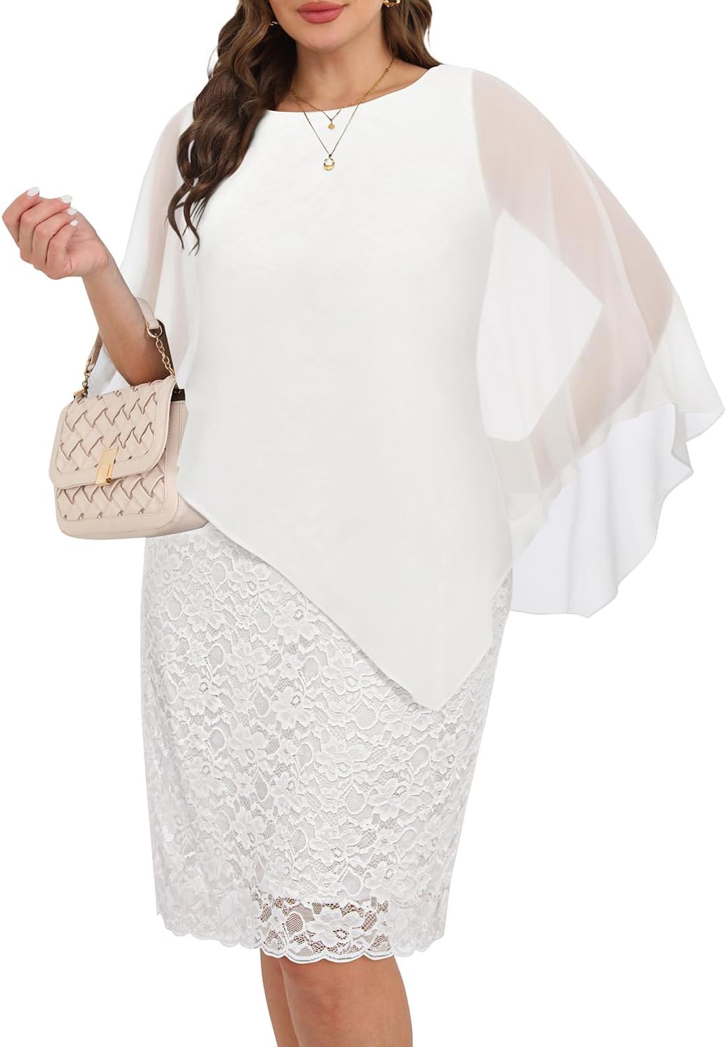Plus Size Dresses Wedding Guest - Mother Bride Semi Formal Lace Cape with Chiffon Overlay Dresses