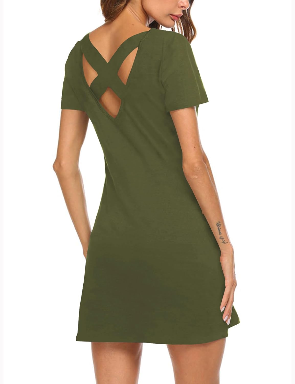 Feager Women's Casual Striped Criss Cross Short Sleeve T Shirt Dress