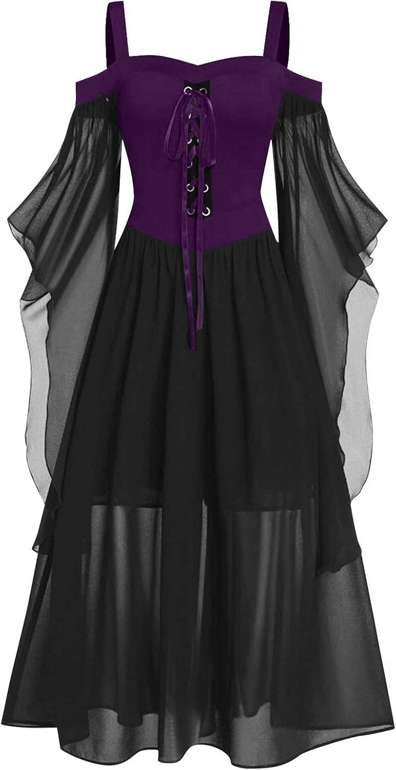 Women Casual Cold Shoulder Dress Solid Color Lace Butterfly Sleeve Halloween Retro Cocktail Party Gothic Prom Dress