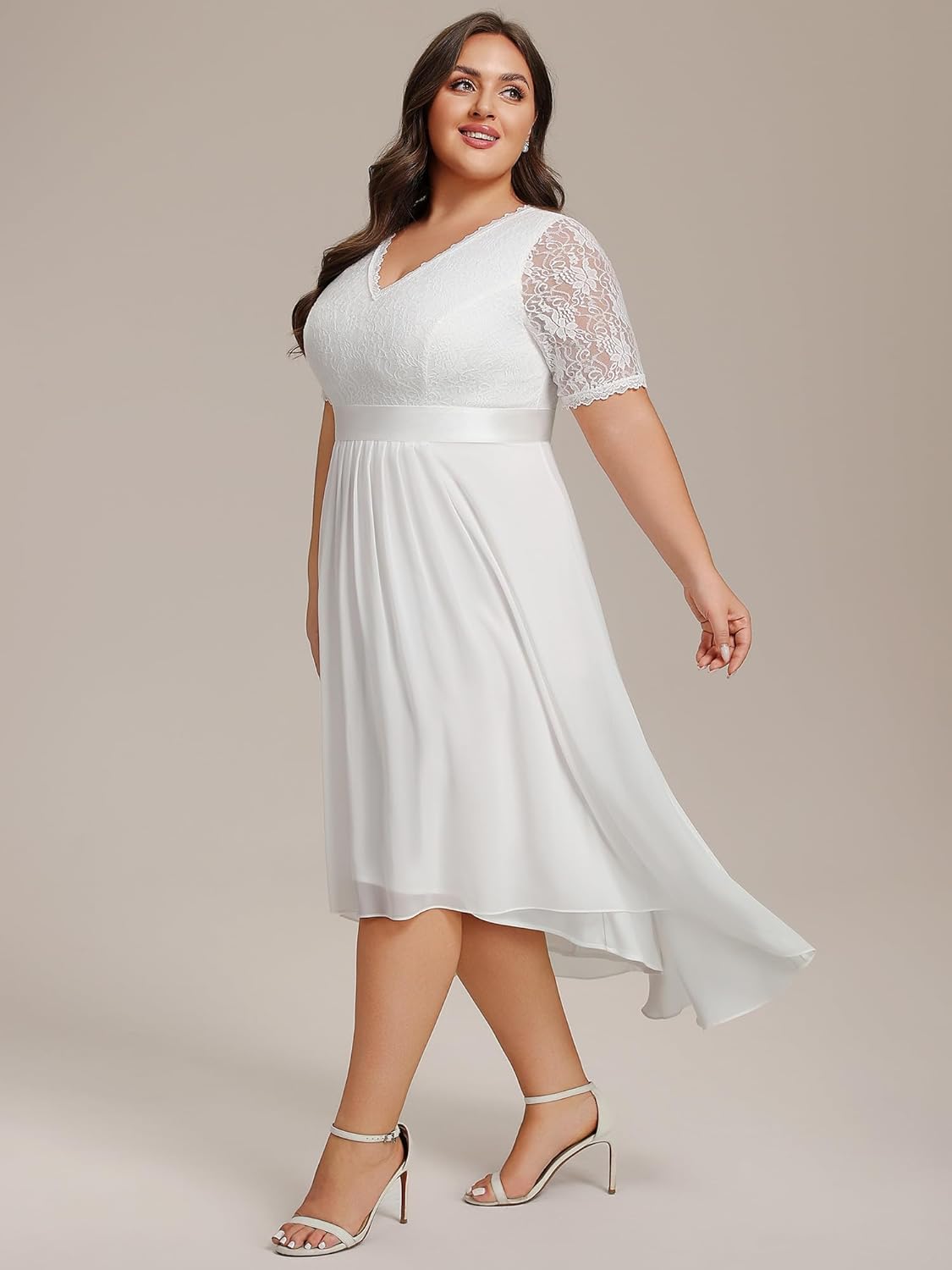 Ever-Pretty Women's V Neck Pleated A Line Lace Chiffon Half Sleeves Midi Plus Size Cocktail Wedding Guest Dresses