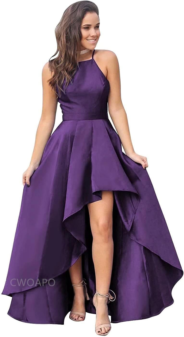 CWOAPO Halter High Low Bridesmaid Dress Evening Dress Satin Homecoming Dresses A Line Cocktail Gowns with Pockets