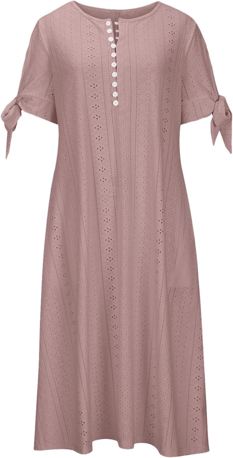 ZYXTIM Womens Eyelet Dress V Neck Short Sleeve Hollow Out Summer Beach Vacation Dresses Swing A Line Vintage Long Dresses