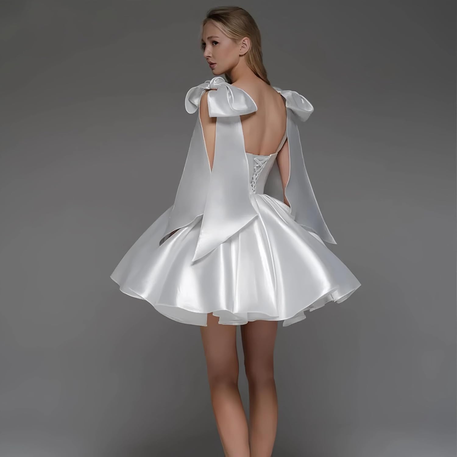 Short Graduation Dress Adjustable Bow Straps Mini Prom Gown Corset Back Birthday Dress for Women with Pockets
