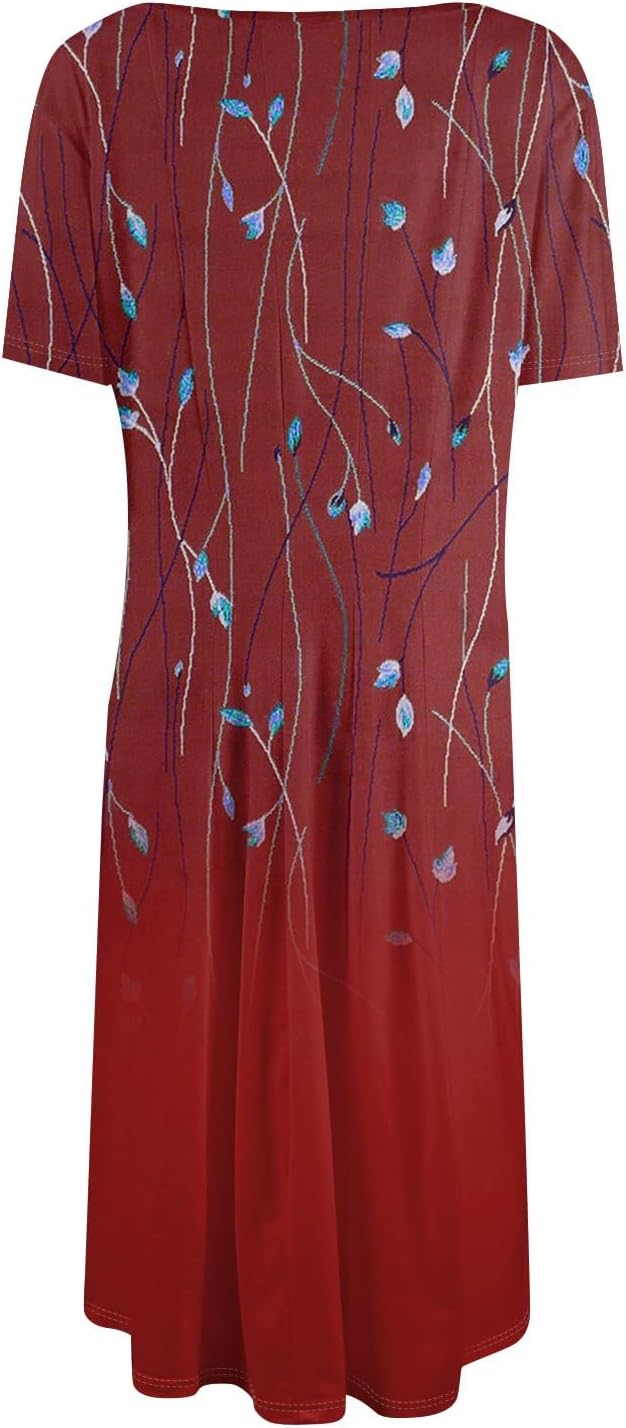Summer Dresses for Women 2025 Crew Neck Short Sleeve Boho Beach Vacation Floral/Solid Midi Sundresses with Pockets