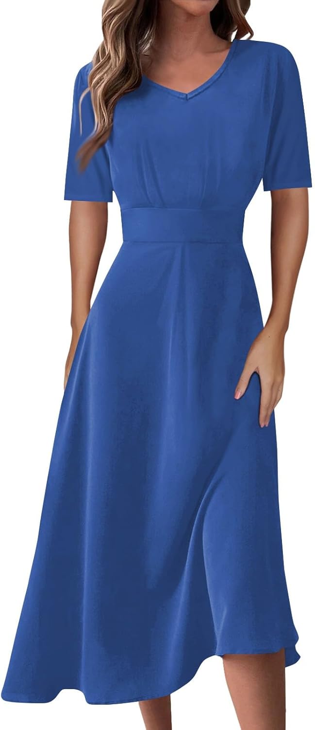 Women's Summer Elegant Cocktail Dress Solid Color Swing V-Neck Party Gown Dresses, S-2XL