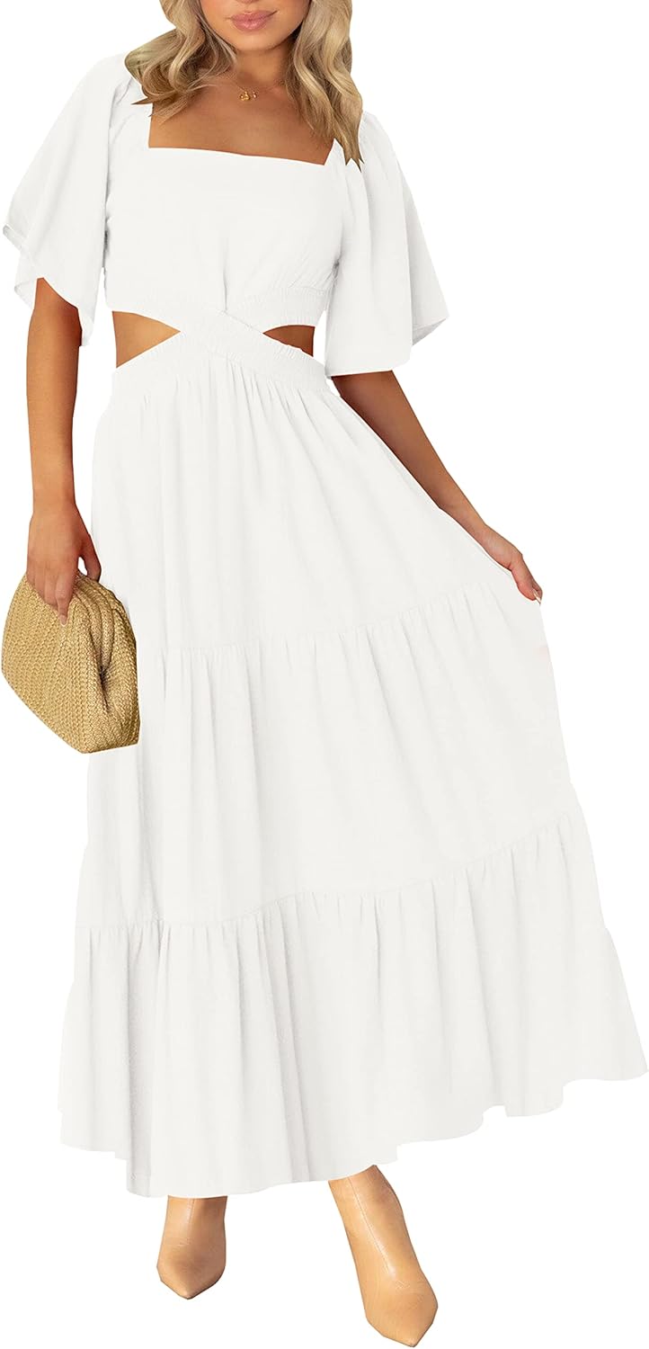 LEANI Women's 2025 Summer Cutout Maxi Dress Square Neck Short Sleeve Crossover Waist Casual Party Dresses