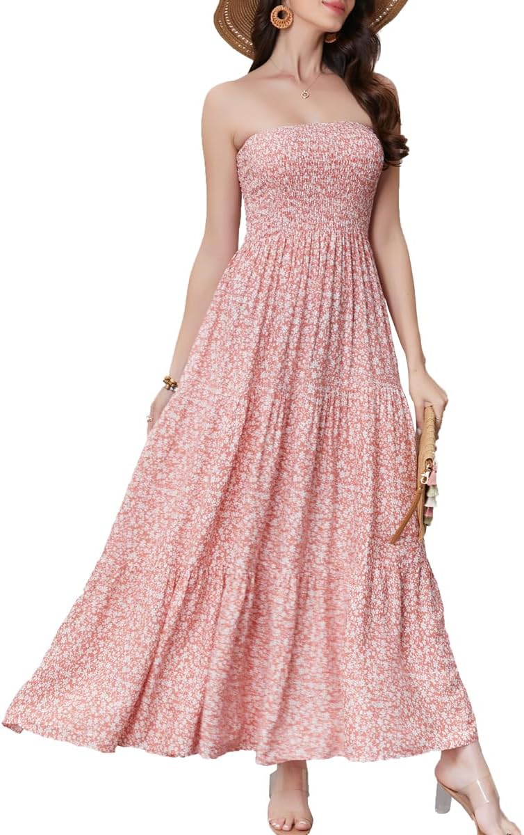 Women's Summer Strapless Tube Top Maxi Dresses Off Shoulder Boho Beach Long Dress