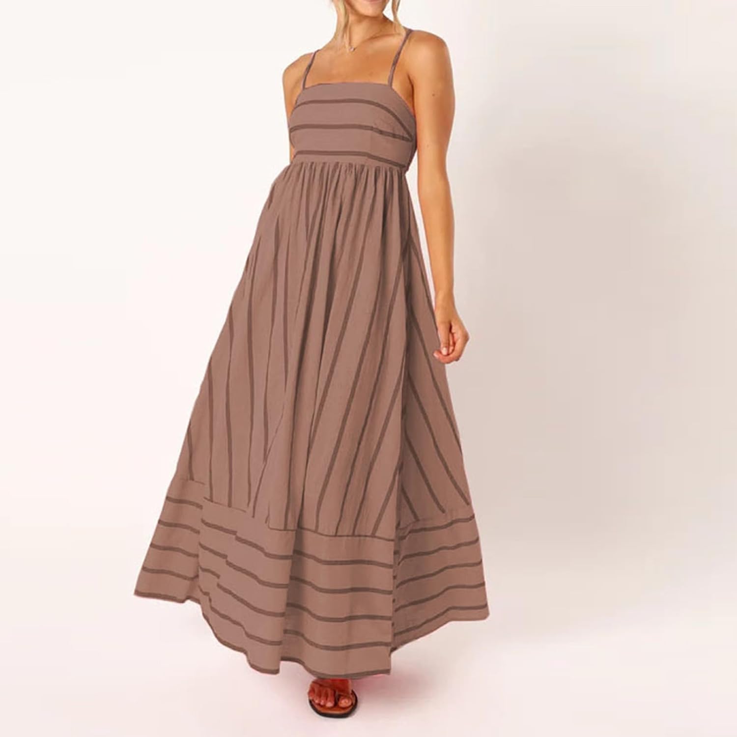 Beach Dresses for Women Summer Striped Back Smocked Maxi Dress Spaghetti Strap Cut Out Flowy A Line Long Sundresses