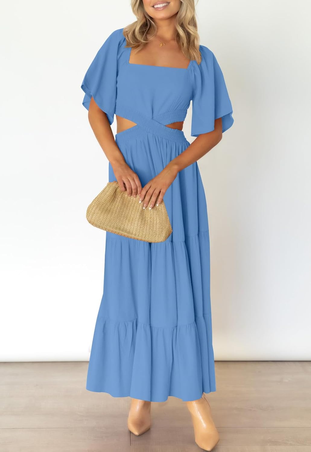 LEANI Women's 2025 Summer Cutout Maxi Dress Square Neck Short Sleeve Crossover Waist Casual Party Dresses