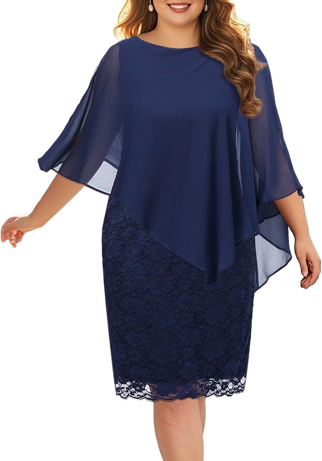 Plus Size Dresses Wedding Guest - Mother Bride Semi Formal Lace Cape with Chiffon Overlay Dresses