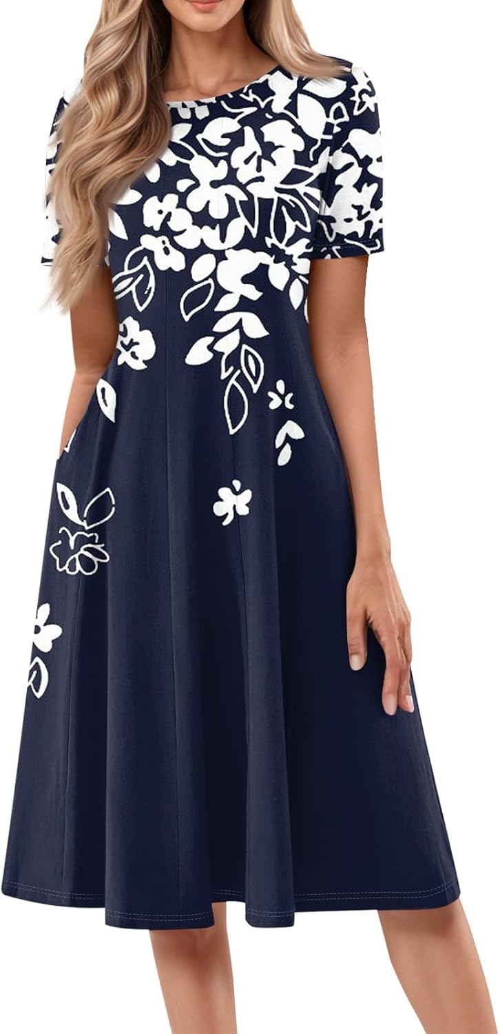 Summer Dresses for Women 2025 Crew Neck Short Sleeve Boho Beach Vacation Floral/Solid Midi Sundresses with Pockets