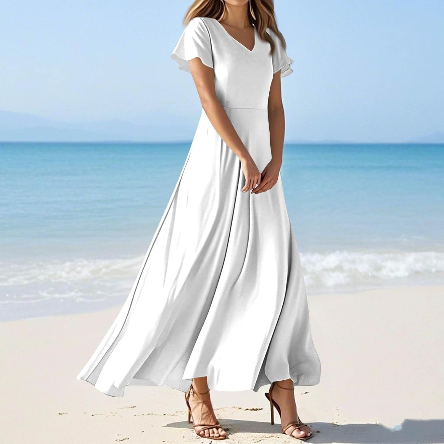 Womens Fashion V Neck Ruffle Short Sleeve Maxi Dress 2025 Summer Elegant Solid Color Flowy A Line Dresses
