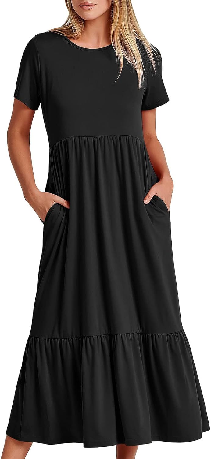 XUNRYAN Summer Dresses for Women 2024 Casual Calf Length Maxi Dress Pleated Flowy Tiered Swing Beach Sundress with Pockets