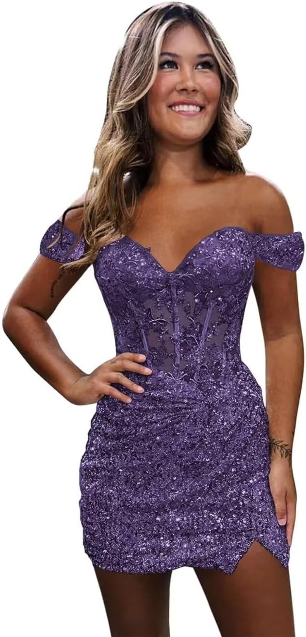 Sparkly Off Shoulder Sequin Homecoming Dresses 2025 Short Tight Mermaid Cocktail Dress Teens HOCO Corset Gowns