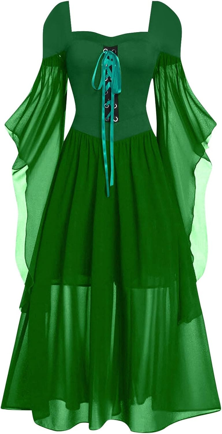 Women Casual Cold Shoulder Dress Solid Color Lace Butterfly Sleeve Halloween Retro Cocktail Party Gothic Prom Dress